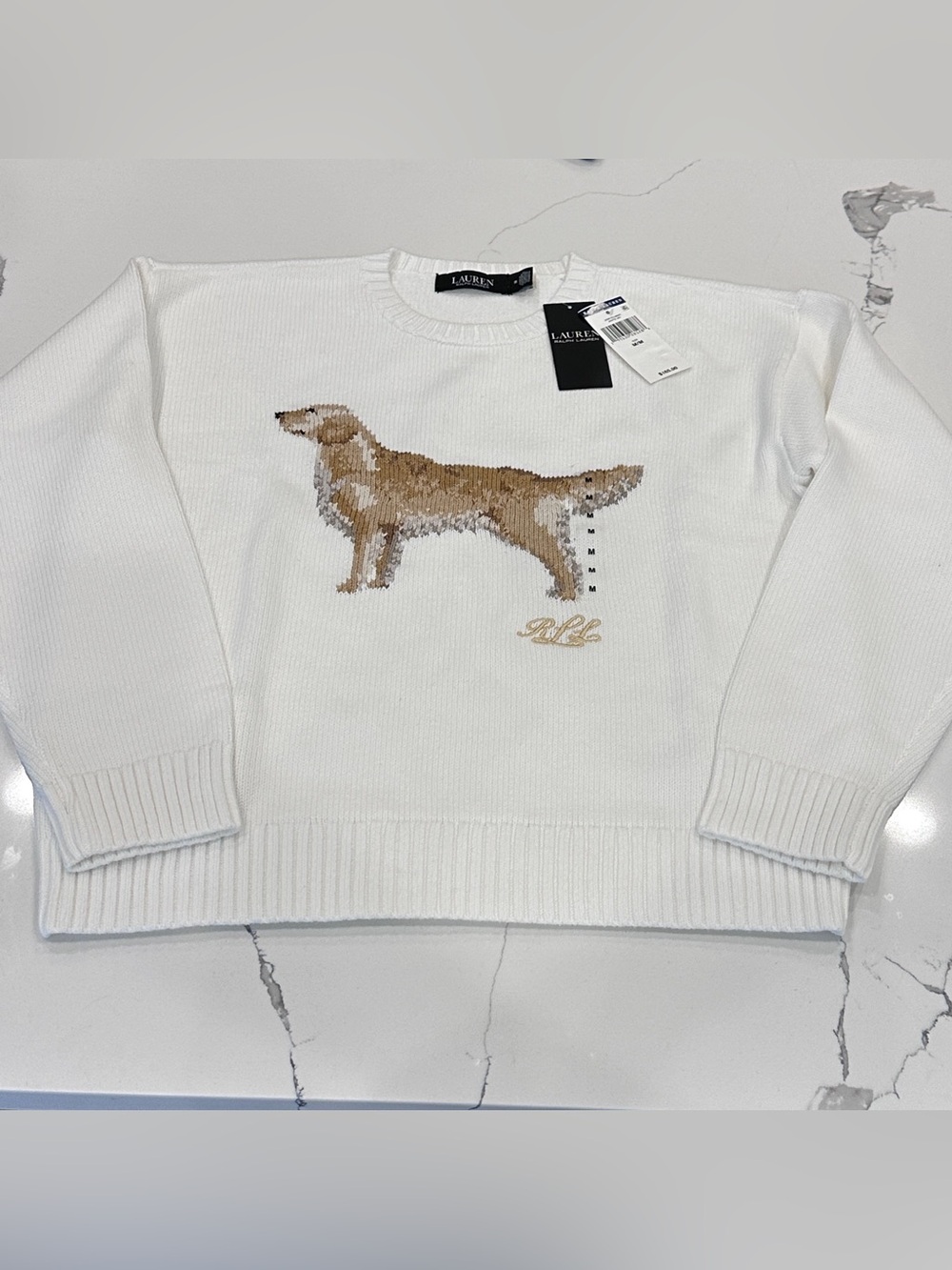 Lauren Ralph Lauren Intarsia Knit Golden Retriever Sweater Sz Medium White NWT - Picture 3 of 7
